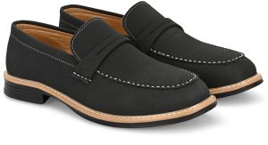 Mens Black Loafer Contrast Penny Strap Shoes