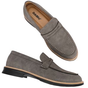 Mens Gray Loafer Tan-Stitch Penny Strap Shoes