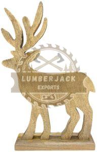 Carved Wood Deer Sculpture with Raised Antlers