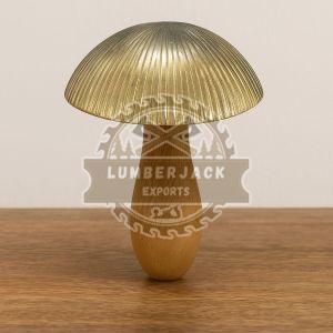 Golden Capped Mushroom Sculpture with Teardrop Wood Stem