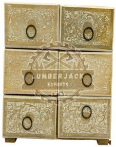 Handcrafted Mango Wood Floral Geometric Drawer Cabinet