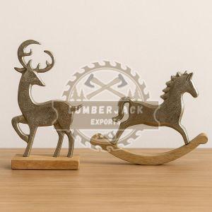 Metallic Deer & Rocking Horse Figurine Duo with Wood Base
