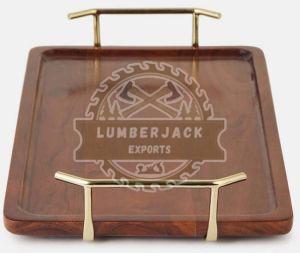 Rectangular Wooden Serving Tray with Golden Handles