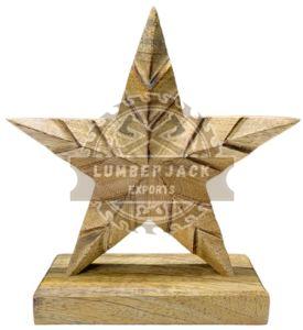 Textured Wood Star Sculpture with Geometric Grooves