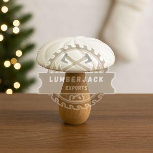 White Swirl Mushroom Sculpture with Natural Wood Stem