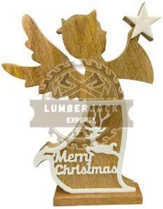 Wooden Angel Shaped Ornament with Star & Reindeer Scene