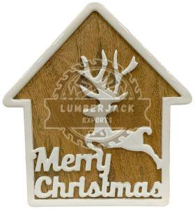 Wooden House Shaped Ornament with Reindeer & Text