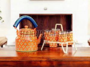 Orange Hand Painted Tea Kettle With Glass Set