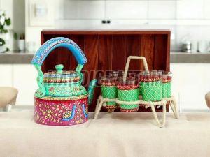 Red and Green Hand Painted Tea Kettle With Glass Set