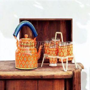 Orange Hand Painted Tea Kettle With Glass Set