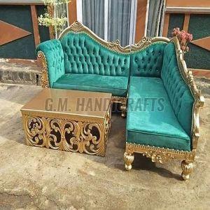Green and Golden L Shape Wooden Sofa Set