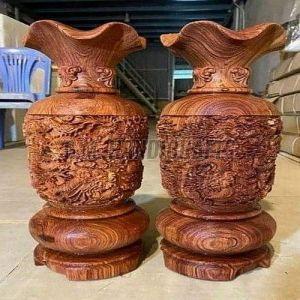 Hand Carved Brown Wooden Vase Set