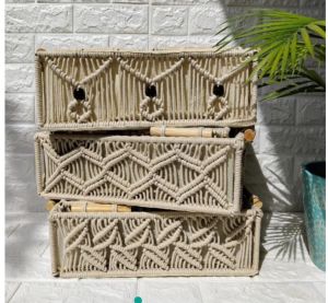 Beige Rectangular Cotton Rope Macrame Basket