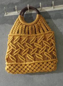 Handcrafted Yellow Macrame Hand Bag with Wooden Handle