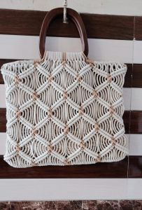 Cotton Stylish Handcrafted Macrame Bag with Wooden Handle