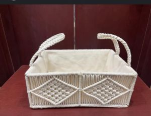 White Rectangular Cotton Rope Macrame Basket