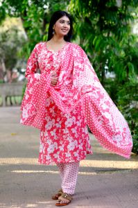 Pink Printed Cotton Kurti Pant Set