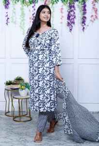 White Blue Printed Cotton Kurti Pant Set