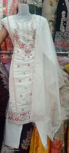 White Embroidered Roman Silk Kurti Pant Set