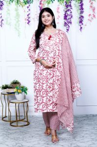 White Pink Printed Cotton Kurti Pant Set