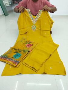Yellow Roman Silk Neck Work Kurti Pant Set