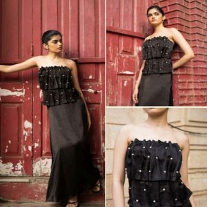 Black Elegant Off Shoulder Viscose Satin Top and Skirt Dress