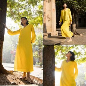 Casual Wear Plain Yellow Full Sleeve Cotton Maxi Dress