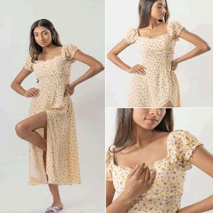 Ladies Beige Viscose Crepe Printed Puff Sleeved Dress