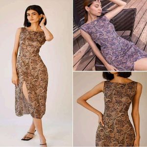 Ladies Brown Printed Bodycon Midi Dress