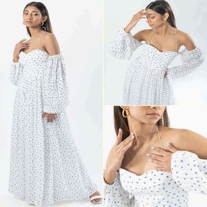 Ladies White Off Shoulder Viscose Crepe Printed Maxi Dress