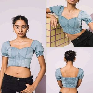Light Blue Puff Sleeve Denim Corset Crop Top