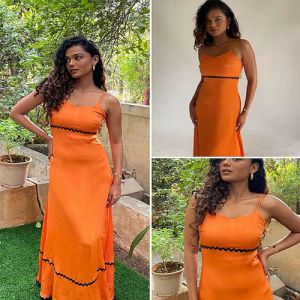 Orange Viscose Crepe A-line Cowl Neck Maxi Dress