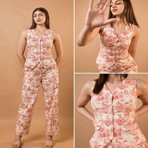 Pink and White Cotton Printed Sleeveless Co-ord Set