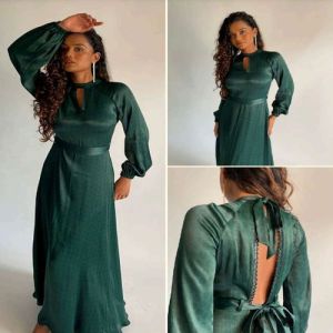 Plain Green Viscose Satin A-line Maxi Dress