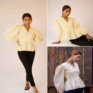Plain Yellow Cotton Diana Peplum Top
