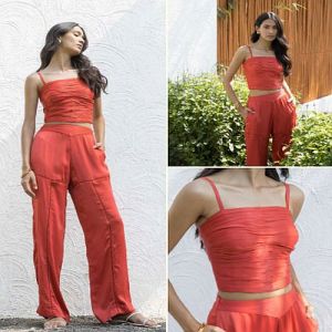 Red Cotton Crop Top with Palazzo Co-ord Set