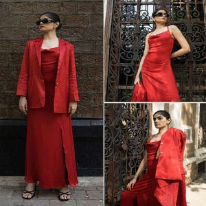 Red Viscose Satin A-line Cowl Neck Maxi Dress With Blazer