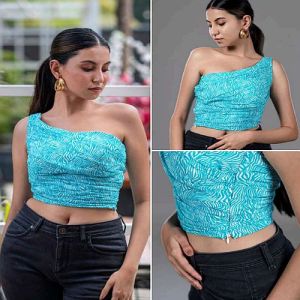 Sky Blue Viscose Crepe Bianca Stylish One Shoulder Top