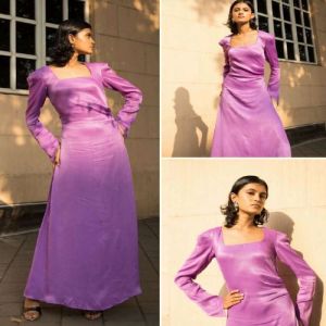 Viscose Satin Plain Pink Full Sleeve Maxi Dress