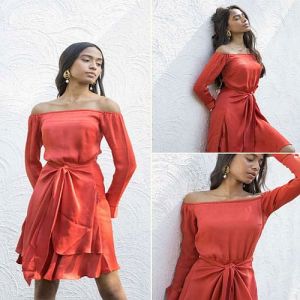 Viscose Silk Casual Wear Elegant Red Off Shoulder Dress