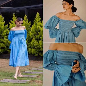 Women Blue Off Shoulder Smoked Dress