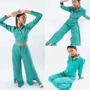 Women Green Solid Top with Palazzo Co-Ord Set