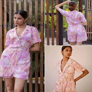 Women Pink and White Floral Printed V Neck Linen Jumpsuit