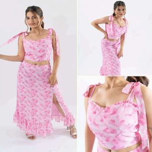 Women Pink and White Printed Top and Skirt Co-Ord Set