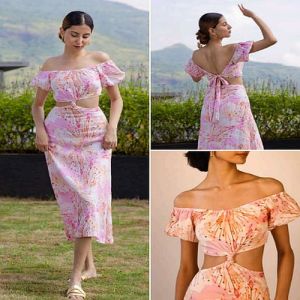 Women Pink Printed Two Piece Beach Dress