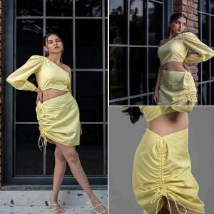 Yellow One Shoulder Cotton Top and Skirt Co Ord Set