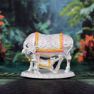 Silver Nursing Pose Cow Calf Statue