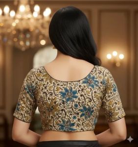 Light Blue Round Neck Cotton Stretchable Kalamkari Blouse