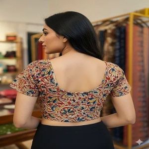 Pale Beige Round Neck Cotton Stretchable Kalamkari Blouse