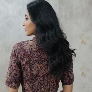 Mocha Brown V Neck Cotton Stretchable Kalamkari Blouse